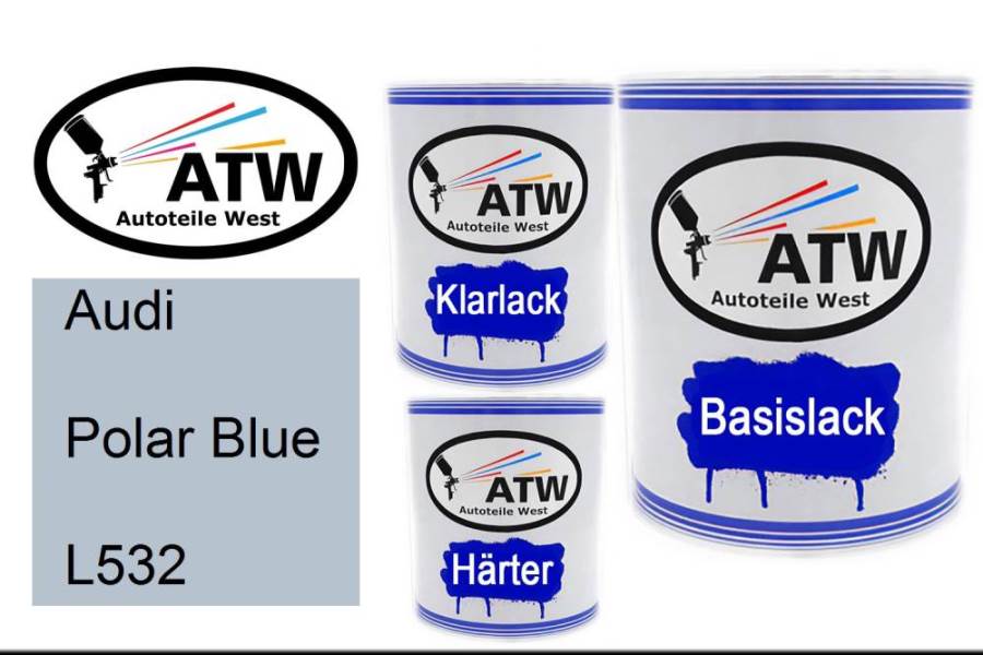 Audi, Polar Blue, L532: 1L Lackdose + 1L Klarlack + 500ml Härter - Set, von ATW Autoteile West.